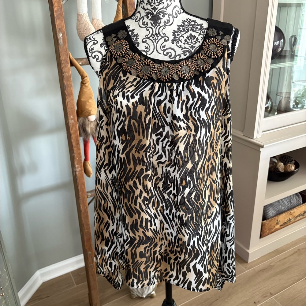 Animal Print Sleeveless Top with Beaded Neckline